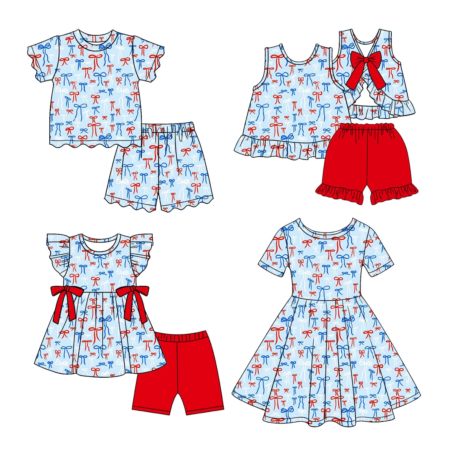 2.26 Custom moq 5 mix size Sibling Baby Girl 4th of July Blue Short-Sleeved Outfit  And Dress