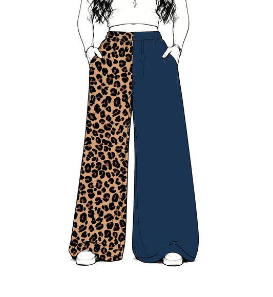 custom moq 5 mix size Baby Kids Leopard Print Navy Blue Patchwork Team Flare Pant Casual Bottom