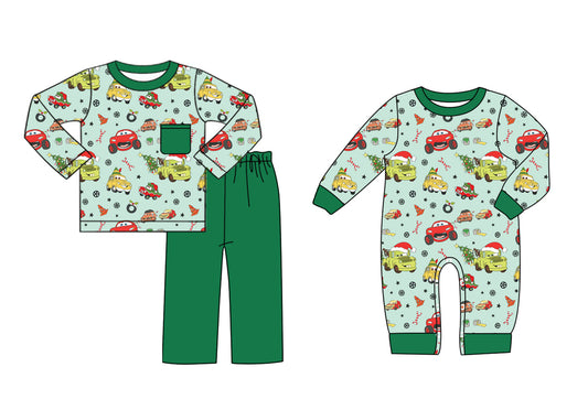 25.7.4 custom each style moq 5eta 4-6week Sibling Sisters Christmas cars baby boy long sleeve pants sets and rompers match family design