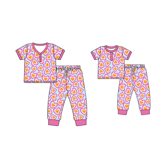 12.2 custom each style moq 5eta 4-6week Sibling Sister love baby girls short sleeve pants sets and adult sets match design