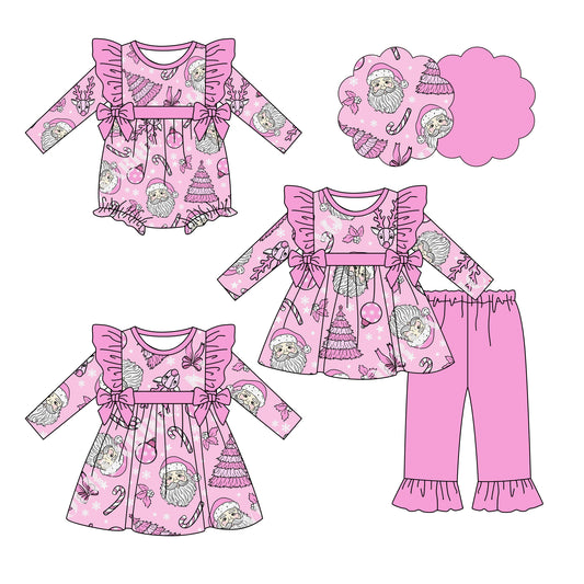 25.6.19 custom each style moq 5eta 4-6week Sibling Sisters Christmas trees pink baby girl long sleeve pants sets and dress and rompers match family design