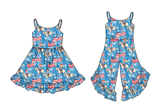 4.17 custom each style moq 5eta 4-6week Sibling Sister flag riding horse baby girl short sleeve dresses and jumpsuit match design