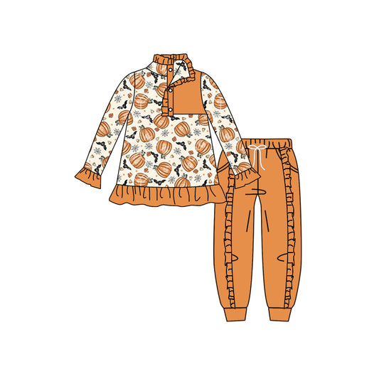 5.25 custom each style moq 5 eta 4-5week Halloween pumpkin orange long sleeve lace pants outfits