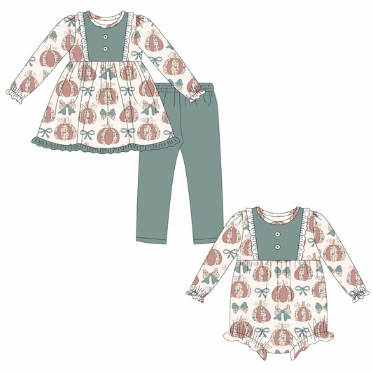 25.6.18 custom each style moq 5eta 4-6week Sibling Sisters pumpkin bow baby girl long sleeve pants sets and rompers match family design