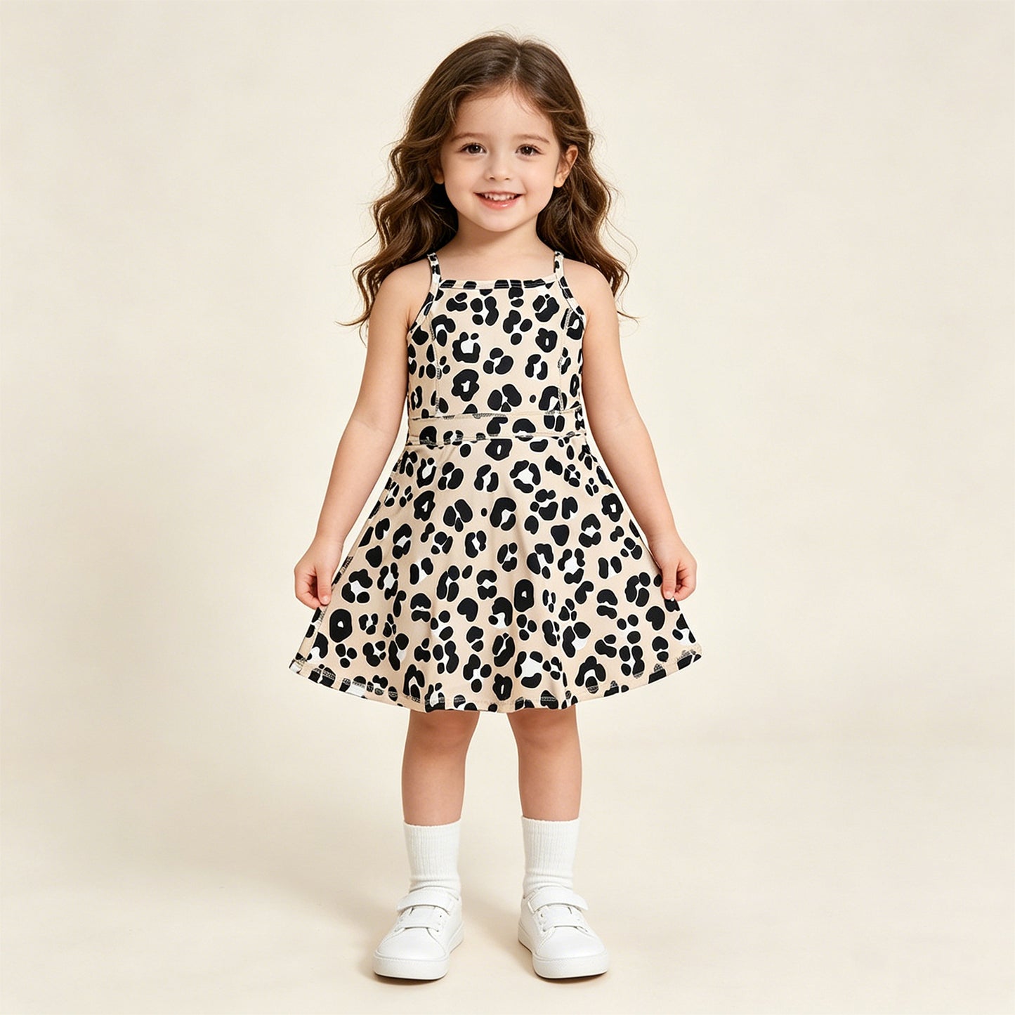 RTS NO MOQ GSD2650 yoga fabric Baby Girls Fashion Strap Leopard Yoga Knee Length Dresses