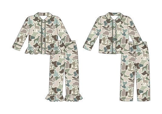 25.9.8 custom each style moq 5 eta 4-6week Sibling Sisters camouflage baby girl boy long sleeve pants sets 2