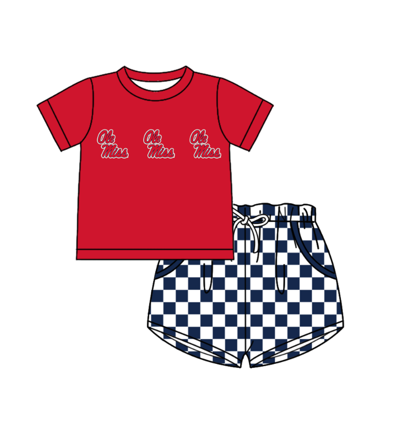 Custom moq 5 mix size milk silk summer teams Boy's Short Sleeved Red Top Plaid Shorts Set Girl's Short-Sleeved Set with Matching Swimsuits Adult Shorts