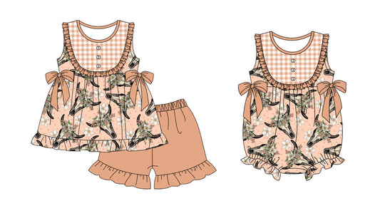 11.21 custom each style moq 5eta 4-6week Sibling Sister cow head baby girl short sleeve shorts sets and rompers match design