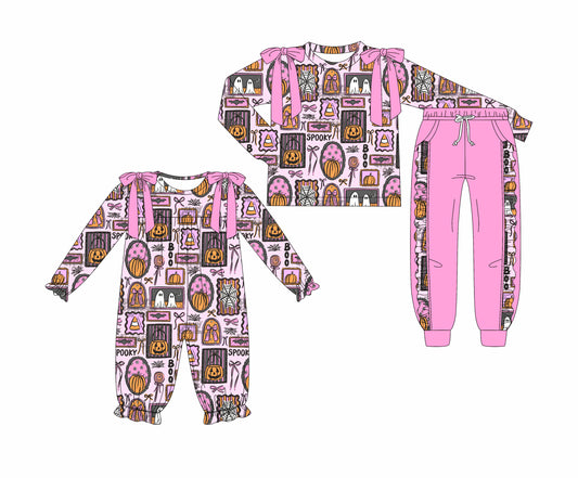 25.7.1 custom each style moq 5eta 4-6week Sibling Sisters pumpkin bow baby girl long sleeve pants sets and rompers match family design