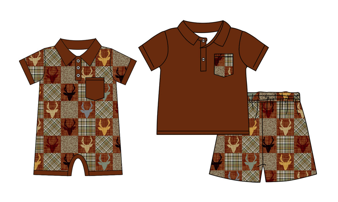 3.30 Custom moq 5 mix size Sibling Baby Boys Brown Short-Sleeved Top And Checked Shorts Set Romper Summer Outfit