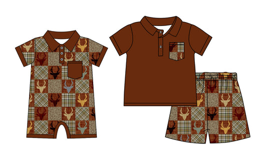 3.30 Custom moq 5 mix size Sibling Baby Boys Brown Short-Sleeved Top And Checked Shorts Set Romper Summer Outfit