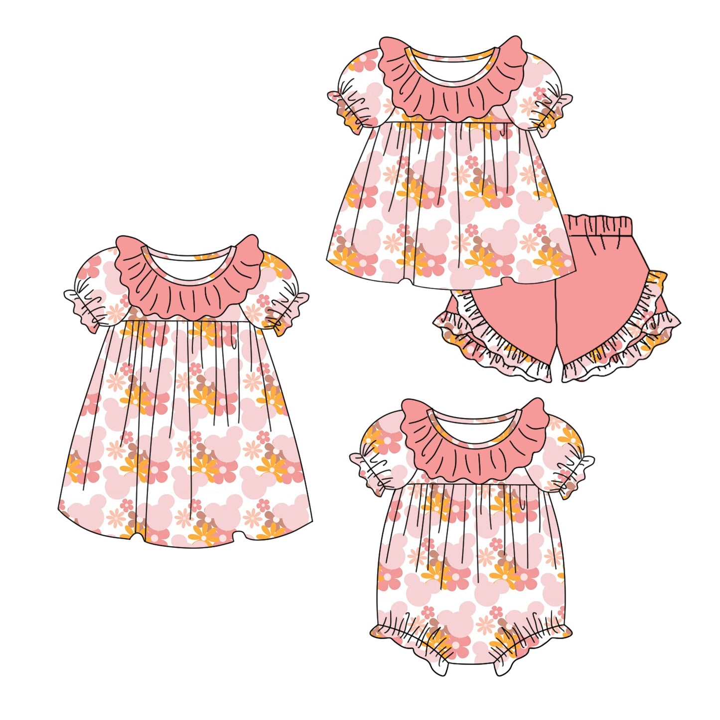 11.6 custom each style moq 5eta 4-6week Sibling Sister floral baby girl short sleeve shorts sets and dress and rompers match family design