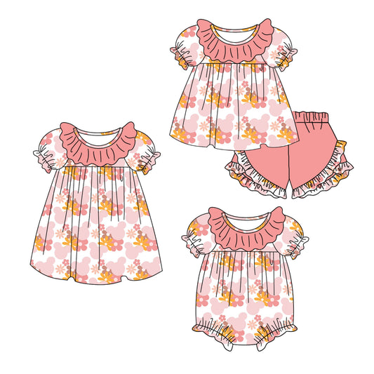 11.6 custom each style moq 5eta 4-6week Sibling Sister floral baby girl short sleeve shorts sets and dress and rompers match family design