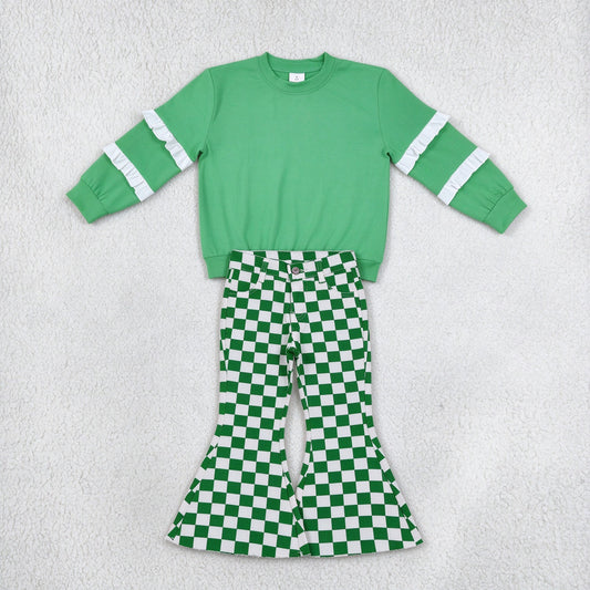 NEW RTS NO MOQ Denim GT1858+ P0841 Baby Girls Green White Patchwork Long Sleeve T-shirts Top Green White Checked Pockets Denim Bell Bottom Pants Sets