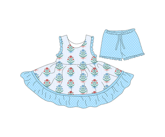 4.15 custom each style moq 5eta 4-6week Sibling Sister floral baby girls clothes Short sleeve dress and shorts match family design