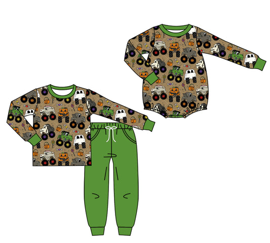 25.7.15 custom each style moq 5eta 4-6week Sibling Sister halloween tractor baby boy long sleeve pants sets and rompers match family design