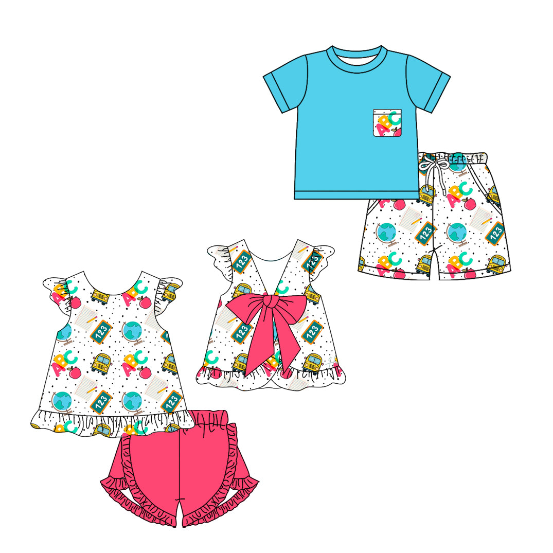 3.2 Custom moq 5 mix size Sibling Baby Girls Boys Back To School Short-Sleeved Blue Top And Shorts Set  for Infants