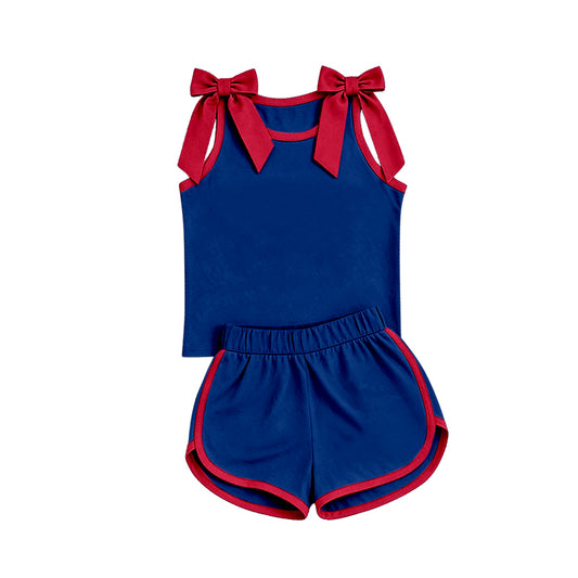 custom moq 5 mix size Baby Girls Red Bow Sleeveless Navy Blue Top Shorts Team Athletic Set