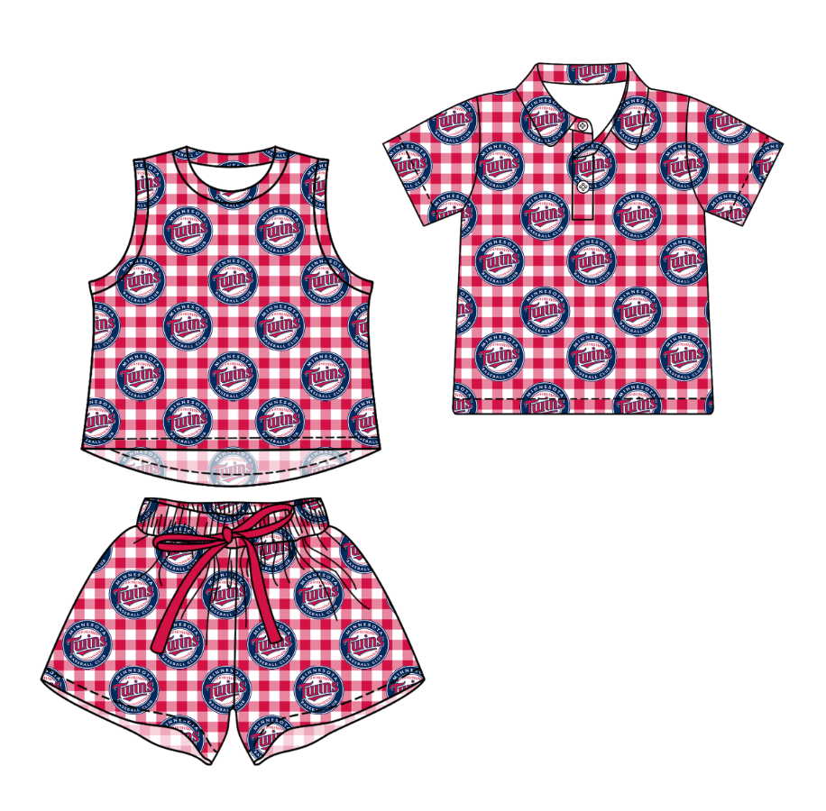 Custom moq 5 mix size milk silk summer teams Red  Checked Girls Sleeveless Top And Short Sets Boys Short Sleeve Button Polo Shirt Top