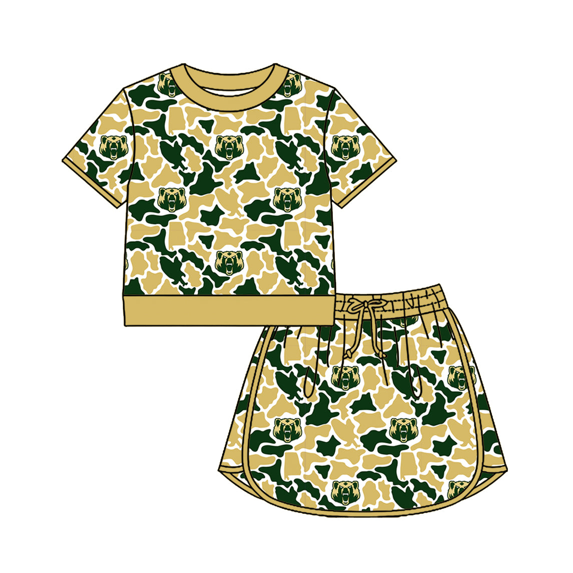 Custom moq 5 mix size summer teams Baby Girls Short Sleeved Camouflage Top And Skirt Set