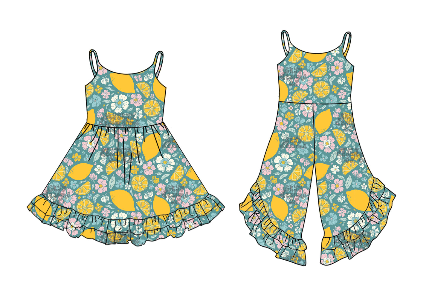 4.14 custom each style moq 5eta 4-6week Sibling Sister lemon baby girl short sleeve dresses and jumpsuit match design