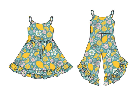 4.14 custom each style moq 5eta 4-6week Sibling Sister lemon baby girl short sleeve dresses and jumpsuit match design