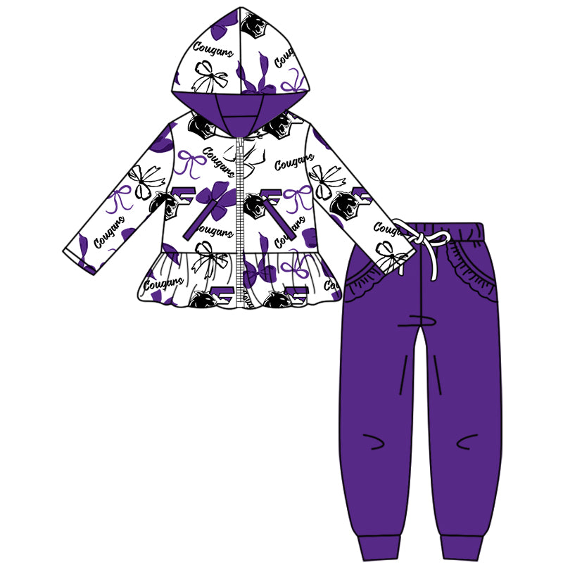 Custom moq 5 mix size milk silk summer teams baby girls clothes bow purple hooded long sleeve pants sets and boy sets and dress and hooded top and pant-25.8.14