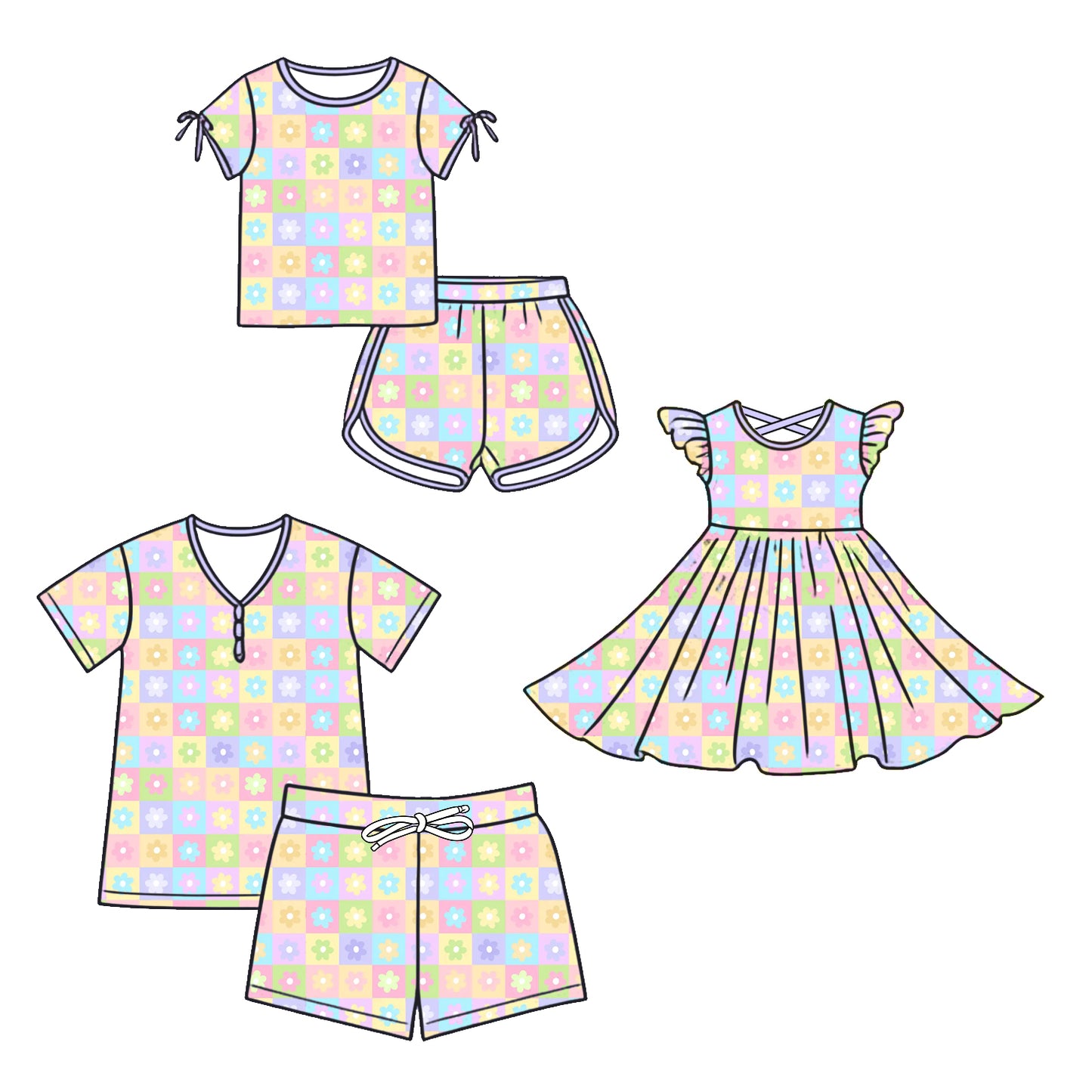 3.25 Custom moq 5 mix size Sibling Mom And Me Checked Short-Sleeved Top And Shorts Set Flutter SleeveDress