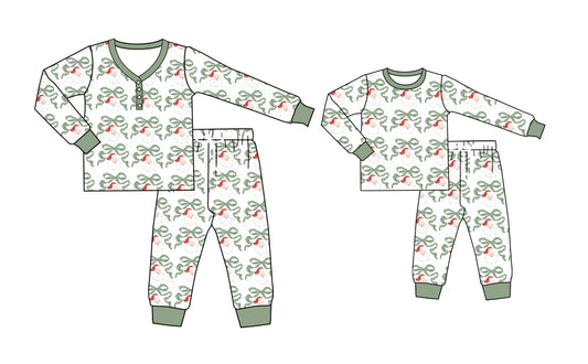 25.5.13 custom each style moq 5eta 4-6week Sibling Sister Christmas bow long sleeve pants sets and adult sets match design