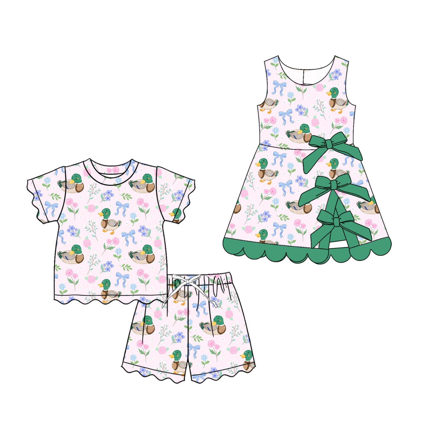 4.8 Custom moq 5 mix size Baby Girls Ducks Flowers Bows Top And Short Scallop Clothes Sets Yoga Active Scallop Short Knee Length Dress