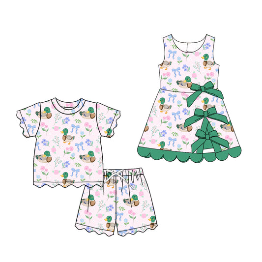 4.8 Custom moq 5 mix size Baby Girls Ducks Flowers Bows Top And Short Scallop Clothes Sets Yoga Active Scallop Short Knee Length Dress