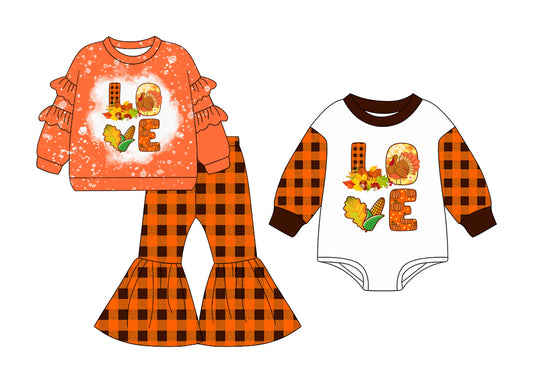 25.6.30 custom each style moq 5eta 4-6week Sibling Sisters love turkey baby girl long sleeve pants sets and rompers match family design
