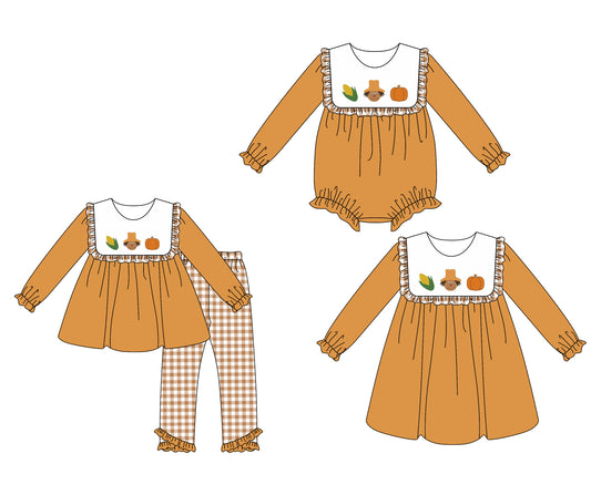 25.6.7 custom each style moq 5eta 4-6week Sibling Sisters pumpkin turkey baby girl long sleeve pants sets and dress and rompers match family design