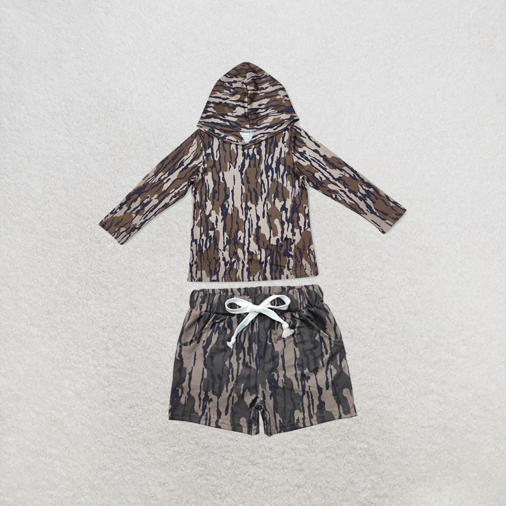 RTS NO MOQ Sibling milk silk Baby Boys Camo Hoodie Top Pocket Shorts Casual Outfit