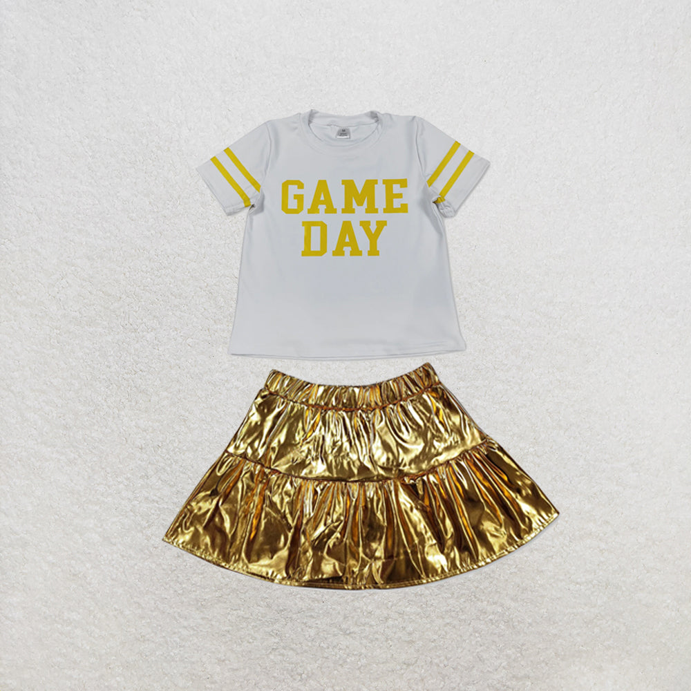 RTS NO MOQ Sibling yoga fabric Baby Girls Yellow Vinyl Game Day Print Top Shorts Two Piece Team Active Clothes Set
