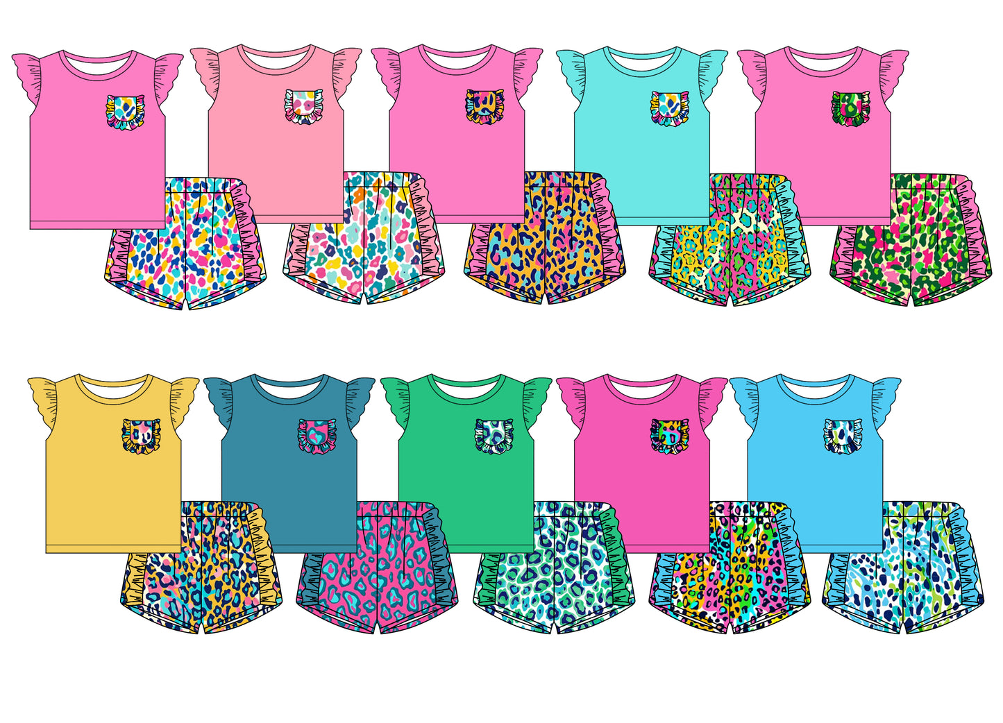 12.14 custom each style moq 5eta 4-6week Sibling Sister leopard baby girl short sleeve shorts fish sets 1 and easter sets 2 and set 3 match design