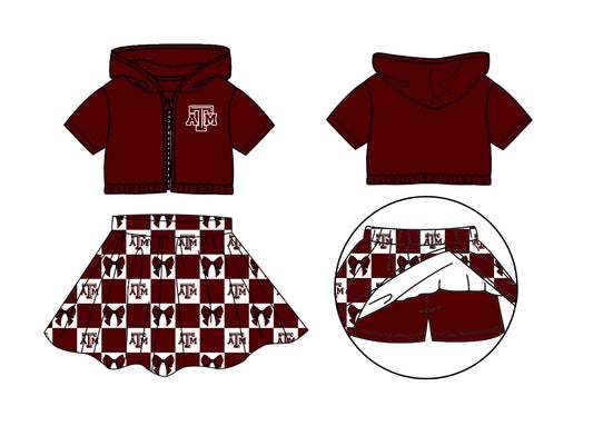 Custom moq 3 or 5 mix size milk silk summer teams baby girl clothes bow dark red zipper hooded short sleeve shorts skirts sets-26.1.20