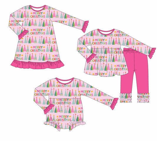 25.7.25 custom each style moq 5eta 4-6week Sibling Sisters Christmas trees pink baby girl long sleeve pants sets and dress and rompers match family design