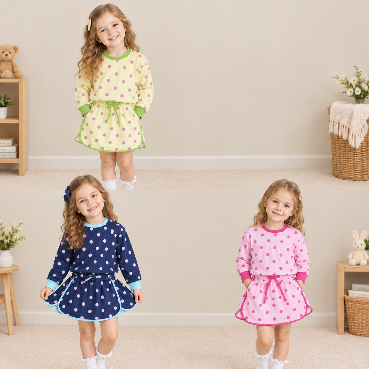 RTS NO MOQ Sibling milk silk Baby Girls Polka Dot Long Sleeve Top Drawstring Skirt Short Set