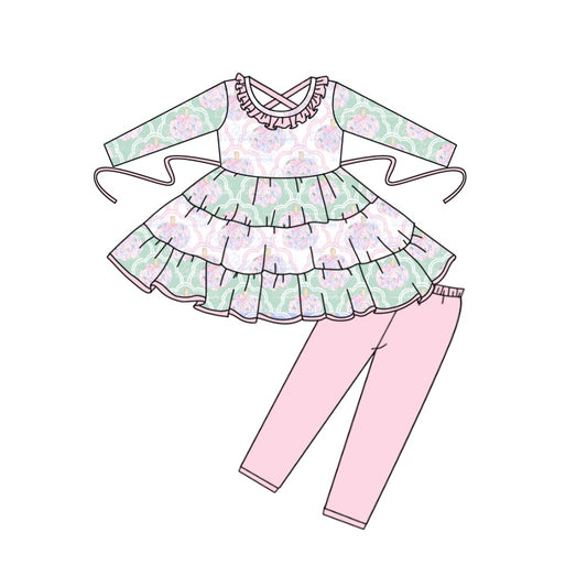 5.11custom each style moq 5eta 4-5week Sibling Sister pink flower pumpkin prints green girls set and baby romper and dress match family design