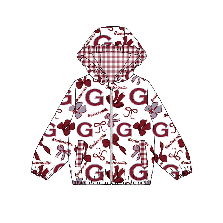 Custom moq 5 mix size milk silk summer teams Red Adult Women Bow-Print Long-Sleeved Zip-Up Hooded Jacket with Pockets Cute Outfit