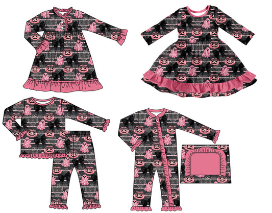 25.7.11 custom each style moq 5 eta 4-6week Sibling Sisters halloween baby girl long sleeve pants sets and romper and dress 1 and dress 2 match family design