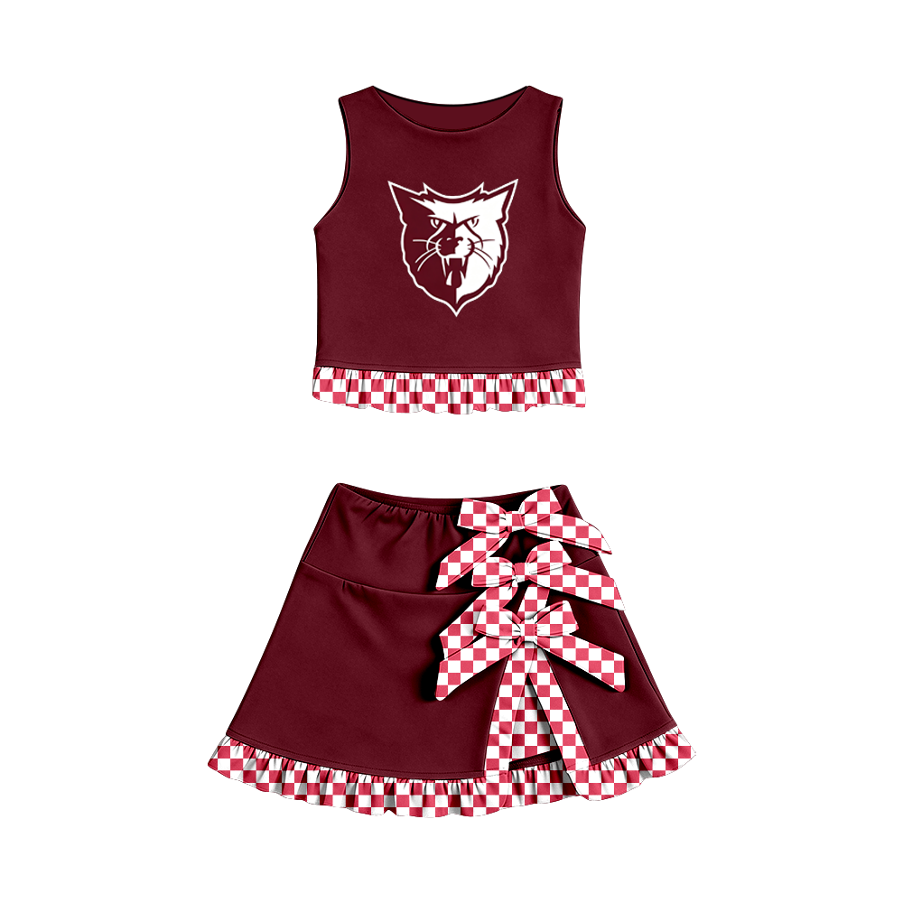 custom moq 5 mix size MSD070604 Baby Girls Summer Vest Checked Bow Scallop Edge Skort  Set