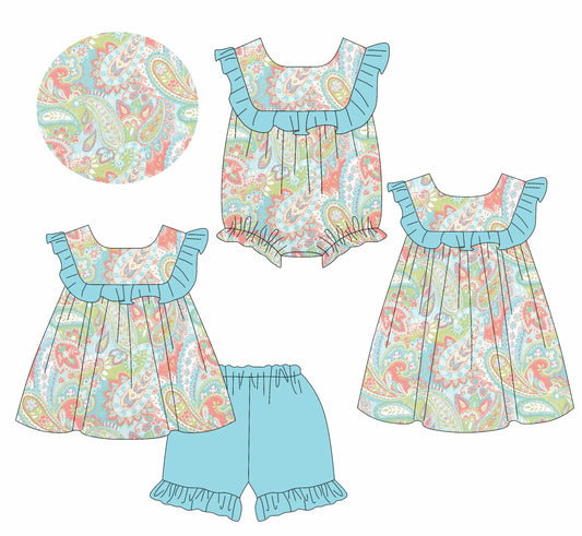 3.11 custom each style moq 5eta 4-6week Sibling Sisters floral baby girl short sleeve shorts sets and dress and rompers match family design