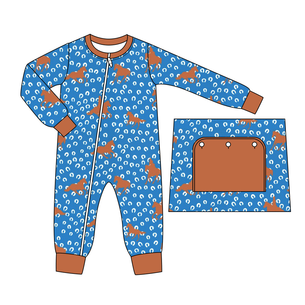 6.7 custom each style moq 5eta 4-6week Sibling Sister riding horse blue boys pajamas outfits and baby romper match family design