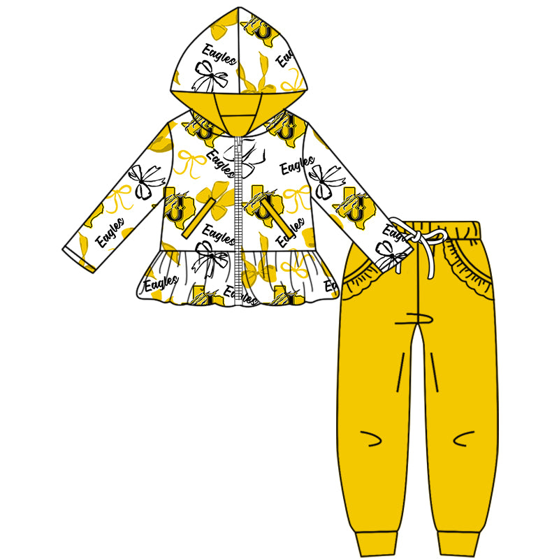Custom moq 5 mix size milk silk summer teams baby girls clothes bow yellow hooded long sleeve pants sets and dress and top and hooded top and pant-25.8.12
