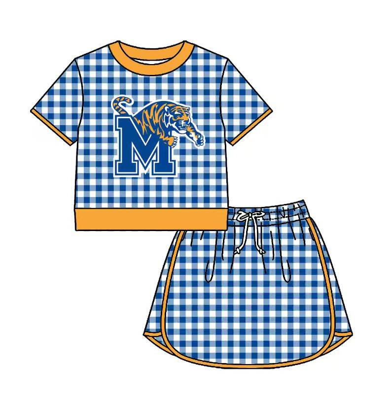 Custom moq 5 mix size milk silk summer teams Baby Girls Blue Plaid Short Sleeve Top Skirt Two Piece Set