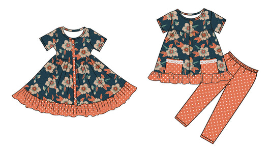 5.1 custom each style moq 5eta 4-6week Sibling Sister floral baby girl pants sets and dress match family design