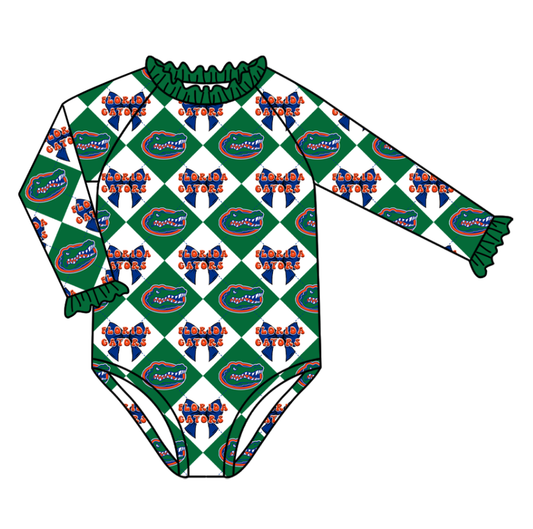 Custom moq 5 mix size  green  swim fabric Checkered team swimsuits girls  swim