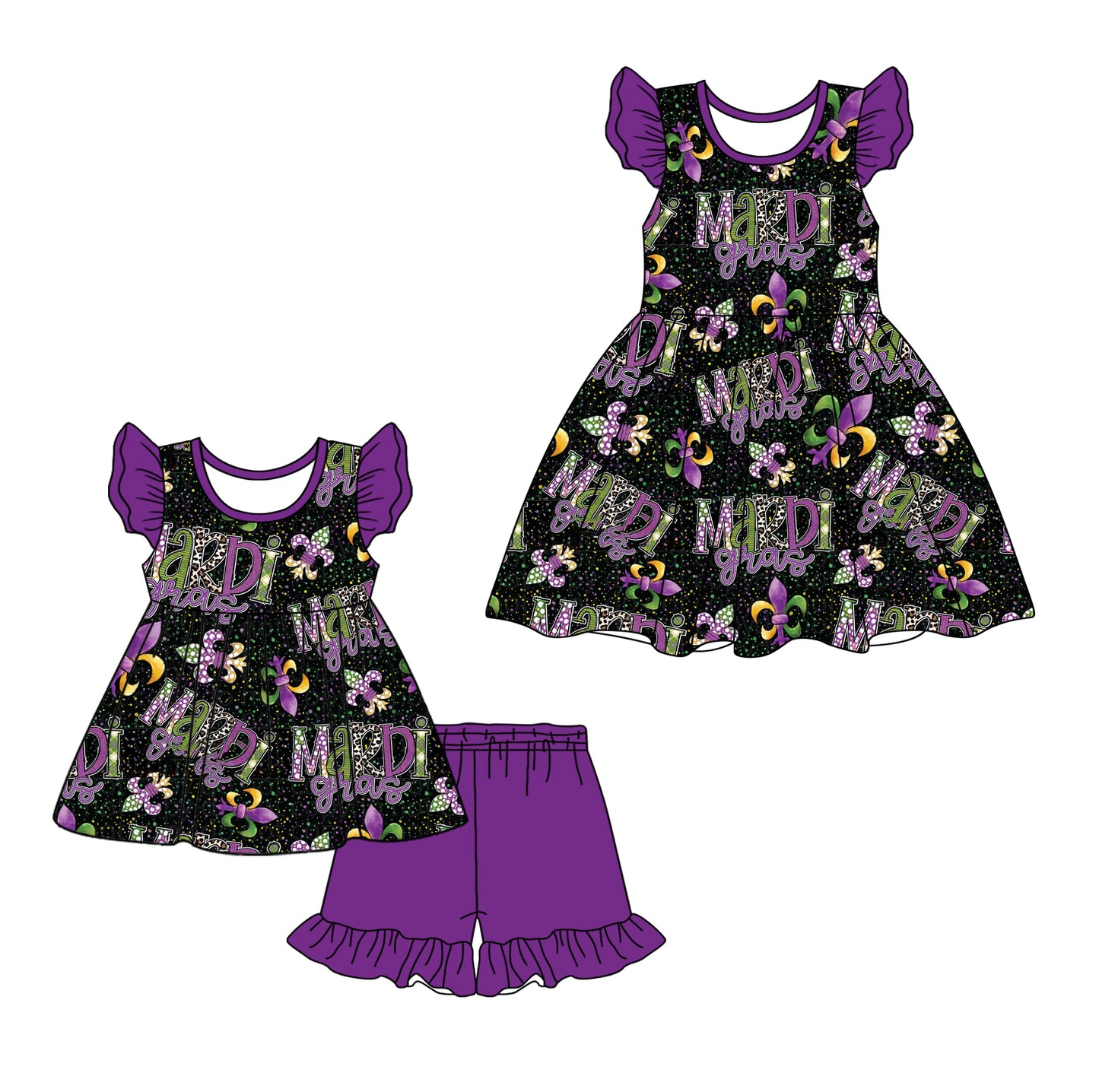 12.27 custom each style moq 5eta 4-6week Sibling Sister mardi gras baby girl short sleeve shorts sets and dresses match design